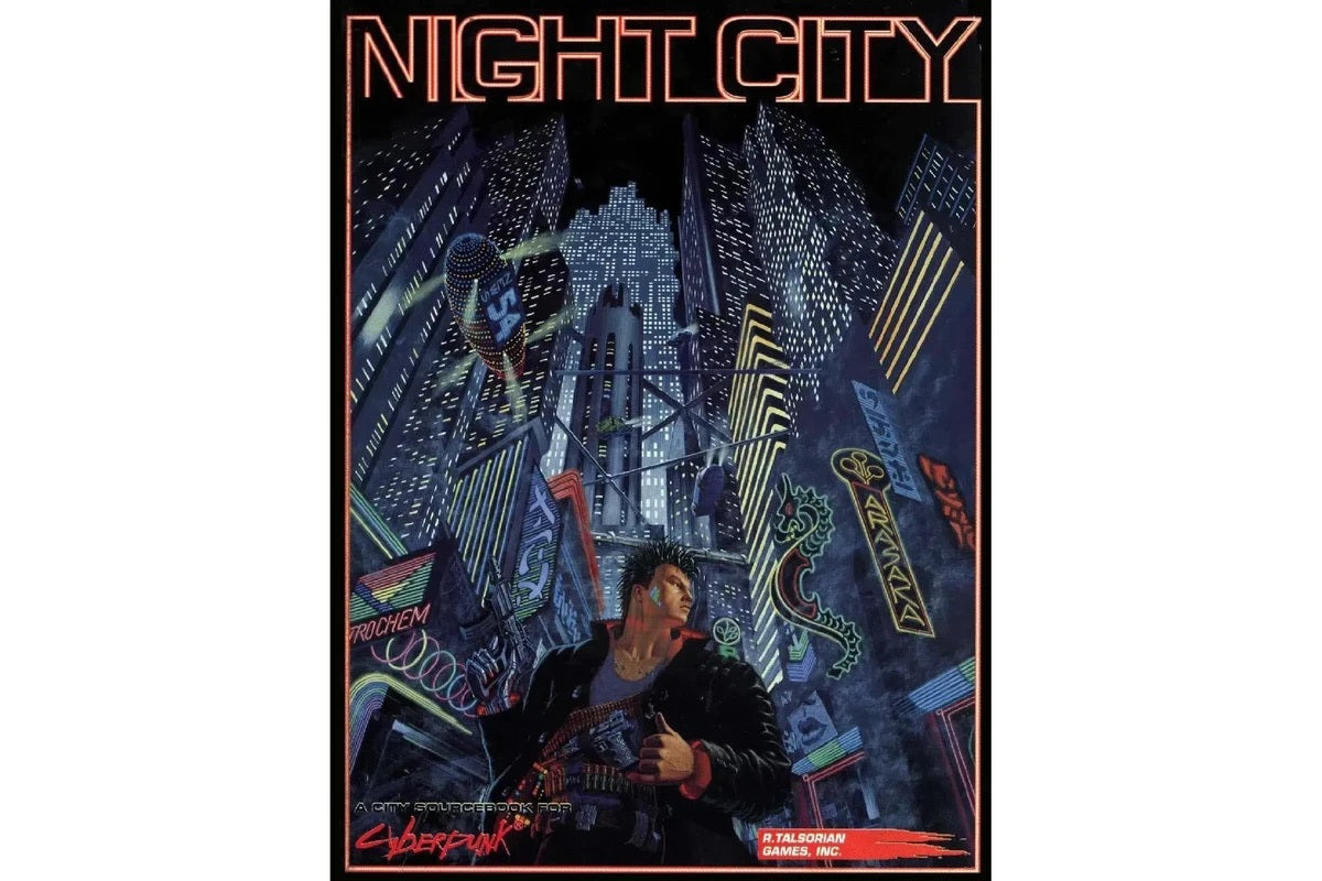Cyberpunk Night City cover art: A man with a weapon in a neon-lit cityscape of towering skyscrapers