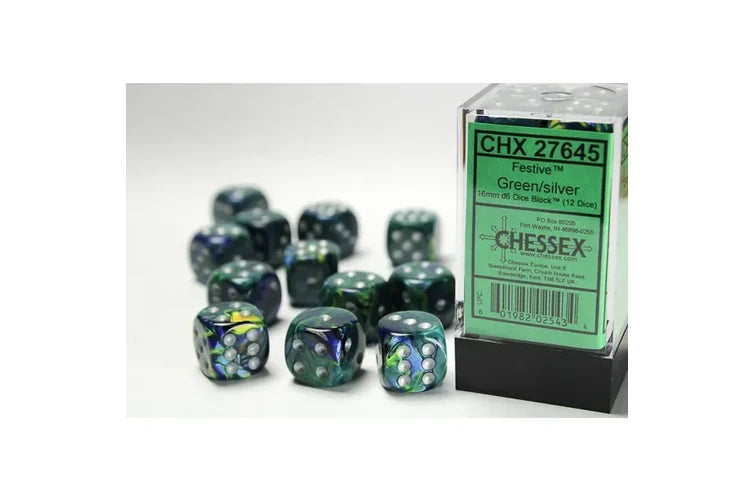 Chessex CHX 27645 Festive Green/silver 16mm d6 Dice Block (12 dice)
