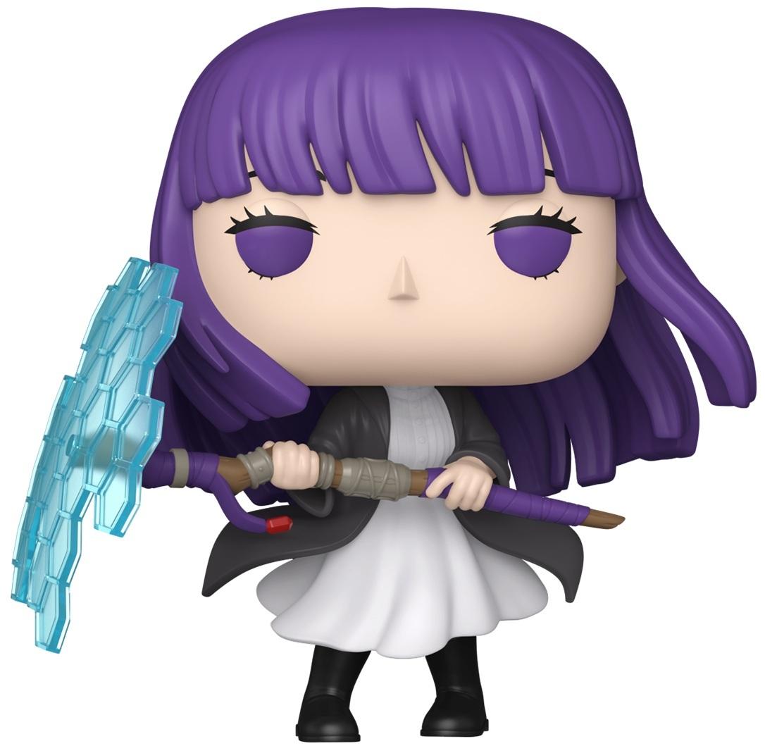 Purple-haired Funko Pop! figure of Fern from Frieren holding a staff with a translucent blue crystal scythe blade