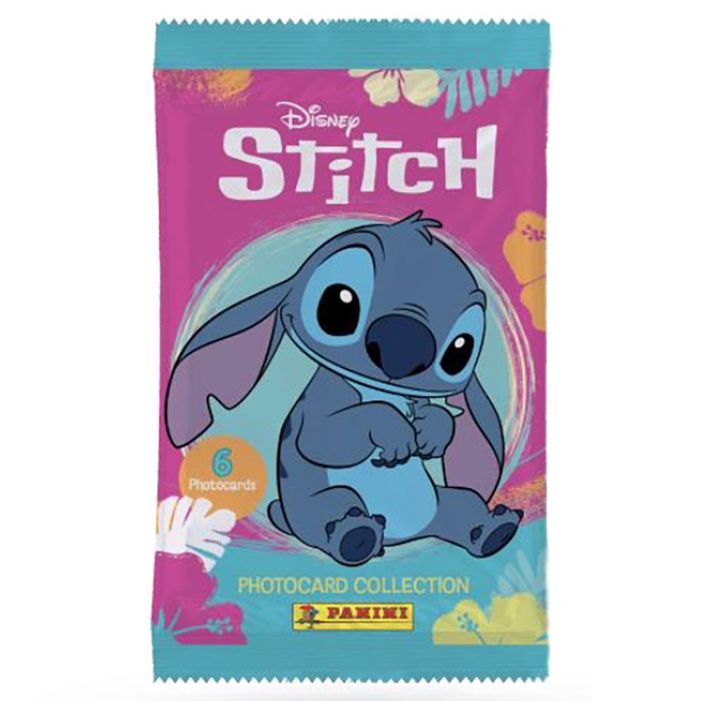 Disney Stitch photocard pack wrapper showing Stitch sitting. Pink background with tropical flowers