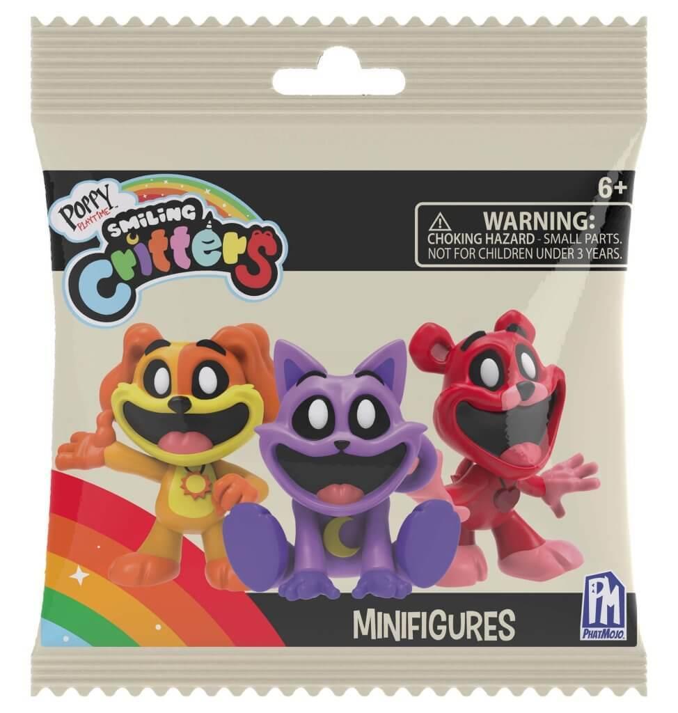 Poppy Playtime Smiling Critters minifigures packaging featuring three colourful, wide-mouthed animal figures