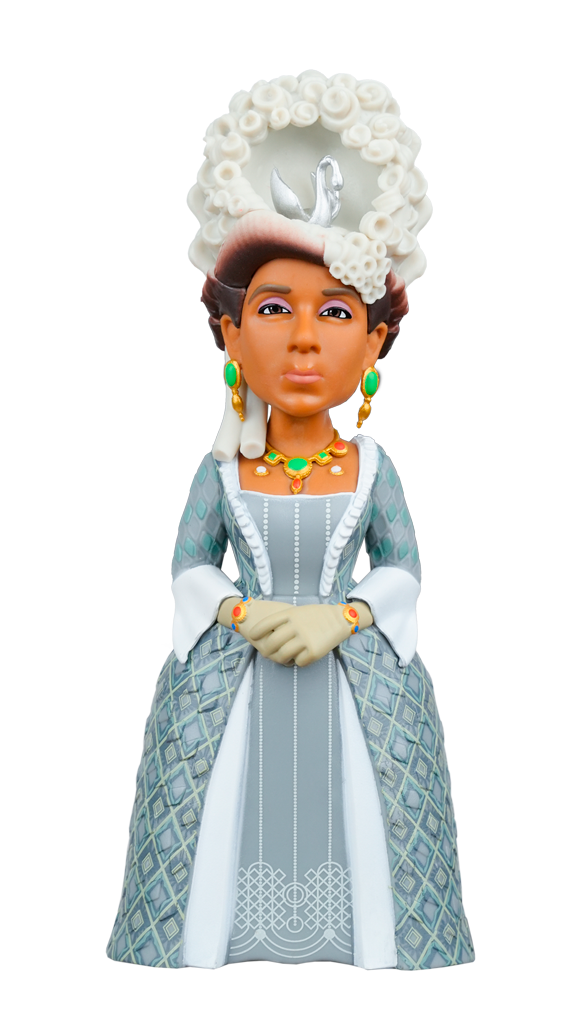 MINIX Bridgerton Queen Charlotte figure in a gray and teal dress with green jewelry and an elaborate white wig featuring a silver swan emblem