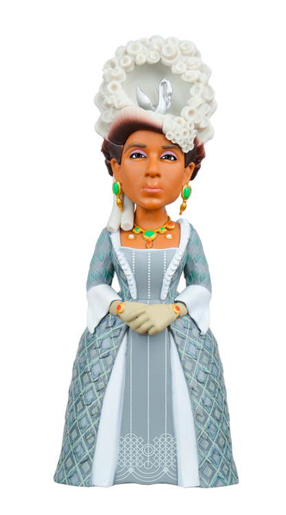 MINIX Bridgerton Queen Charlotte figure in a gray and teal dress with green jewelry and an elaborate white wig featuring a silver swan emblem