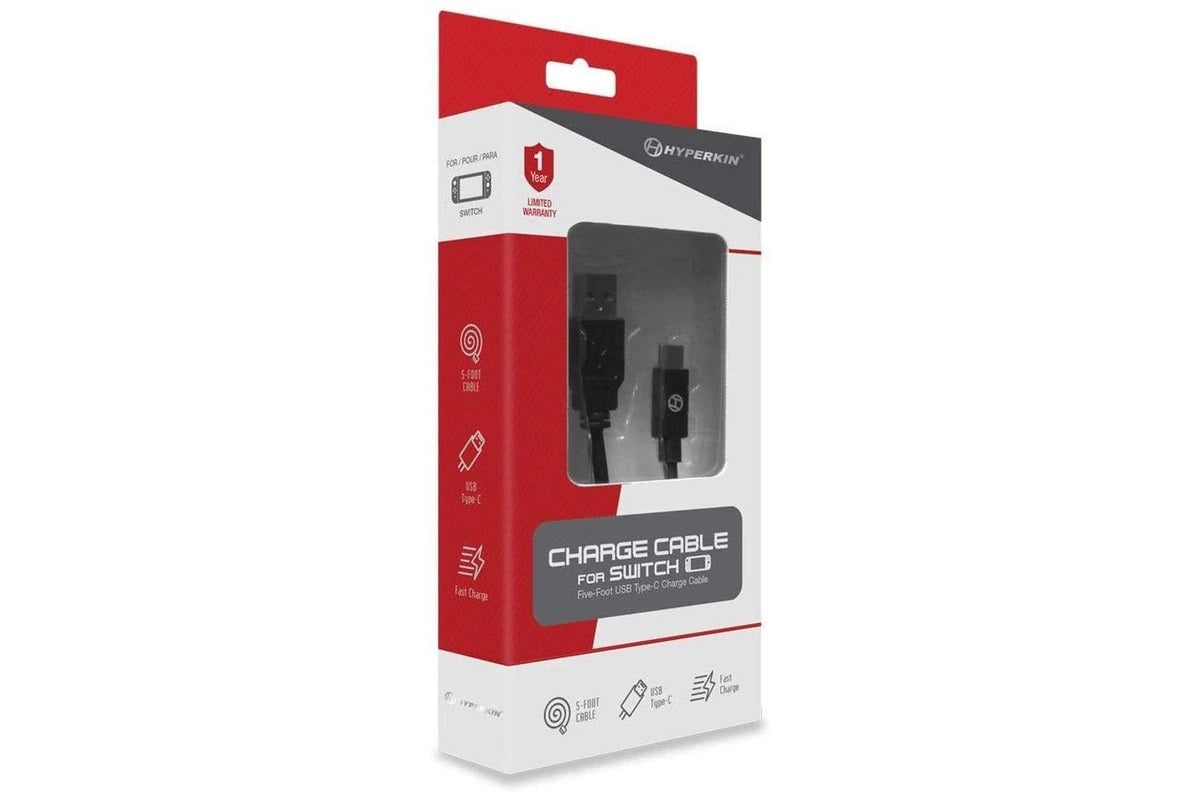 Hyperkin 5-foot USB Type-C charging cable for Nintendo Switch in its red and white retail box