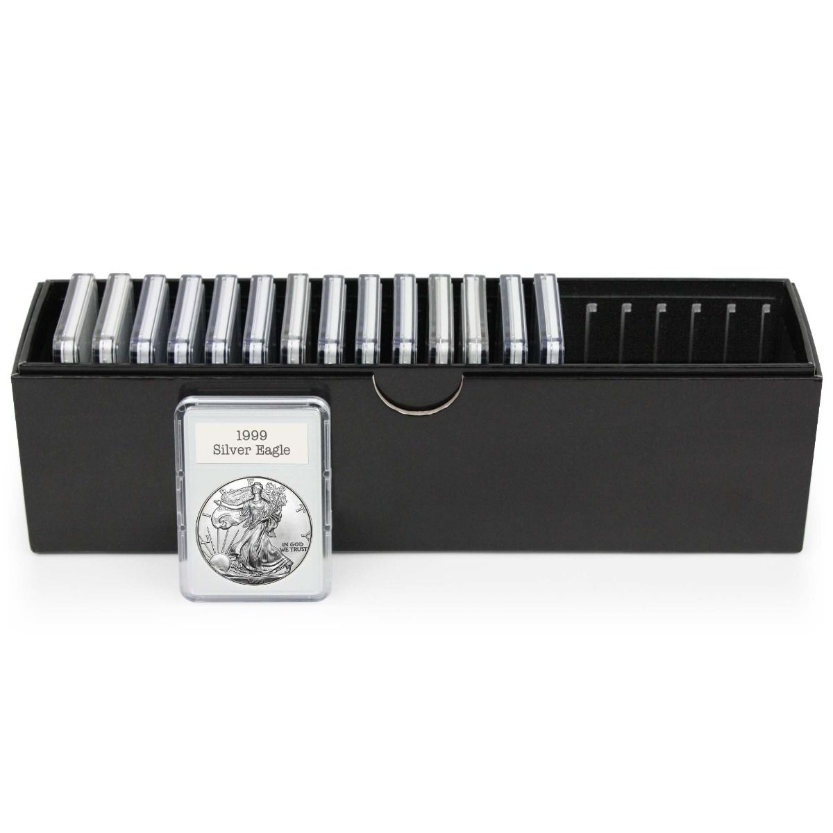 Side view of the slotted coin display slab box highlighting the slotted edge