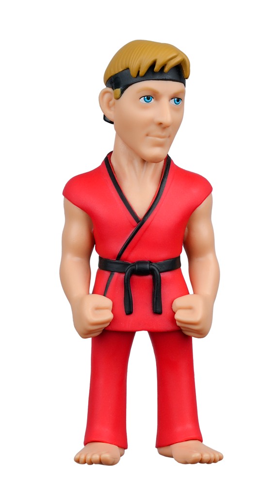 A MINIX Eagle Fang Karate figure of a blonde man with a black headband, blue eyes, wearing a red gi with a black belt, standing with fisted hands