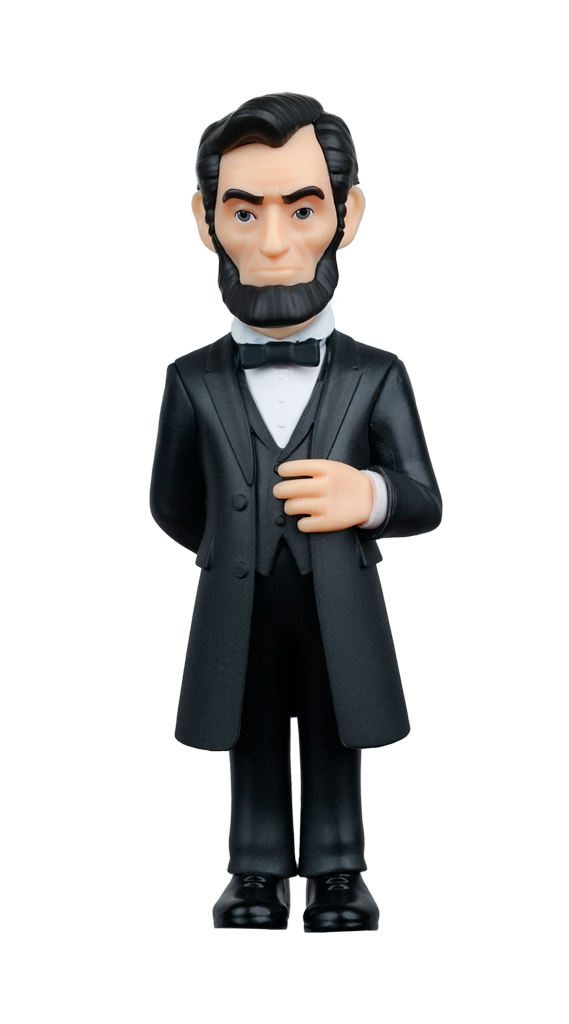 A stylized MINIX President Abraham Lincoln figure stands tall, dressed in a black suit with a bow tie and his signature beard, against a neutral background