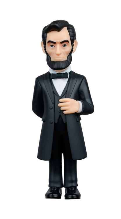 A stylized MINIX President Abraham Lincoln figure stands tall, dressed in a black suit with a bow tie and his signature beard, against a neutral background