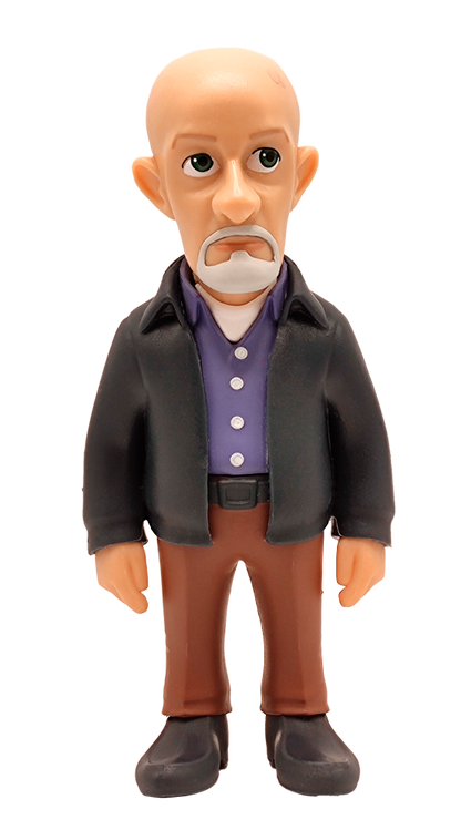 Minix Better Call Saul Mike Ehrmantraut collectible vinyl figure featuring a bald character with a white goatee purple shirt and black jacket