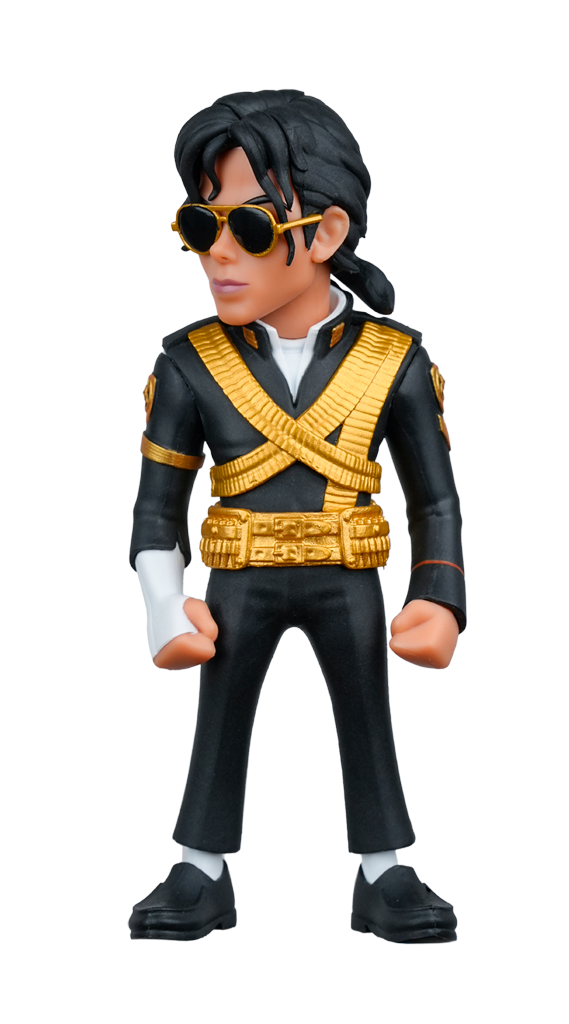 A MINIX Michael Jackson 10k Version Figure stands, wearing a black military suit with gold accents, aviator sunglasses, and a white glove