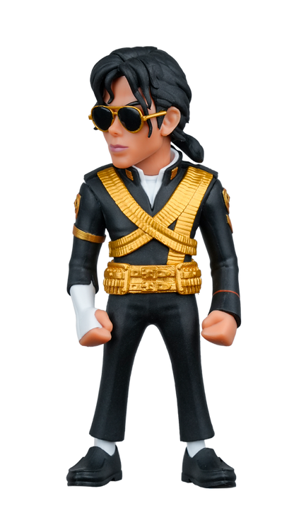 A MINIX Michael Jackson 10k Version Figure stands, wearing a black military suit with gold accents, aviator sunglasses, and a white glove