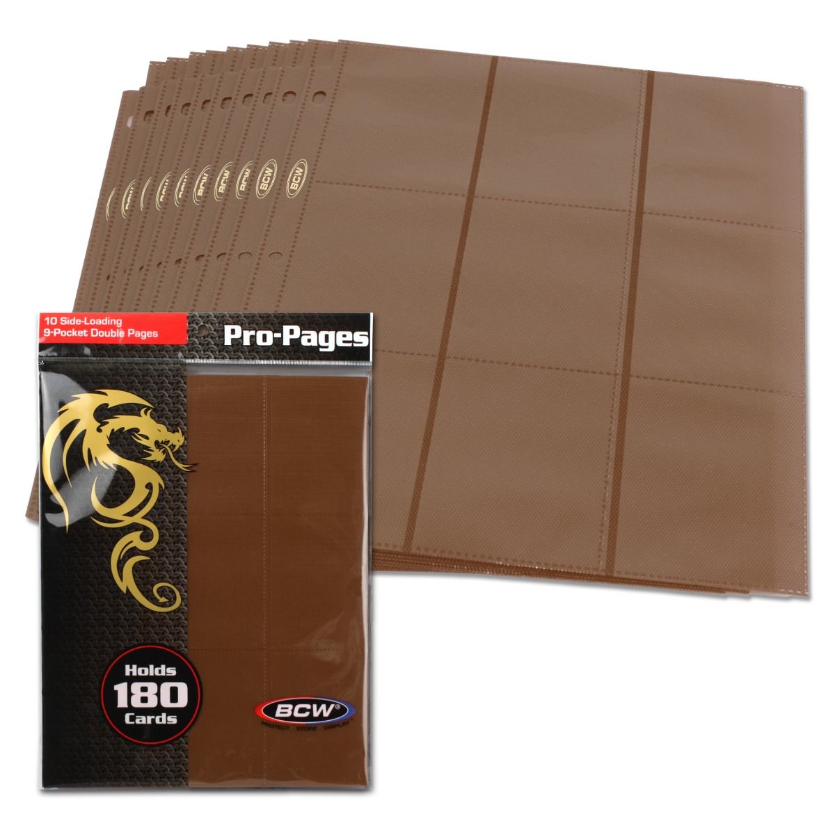 BCW Pro Pages side loading 9 pocket pages in packaging, angled view