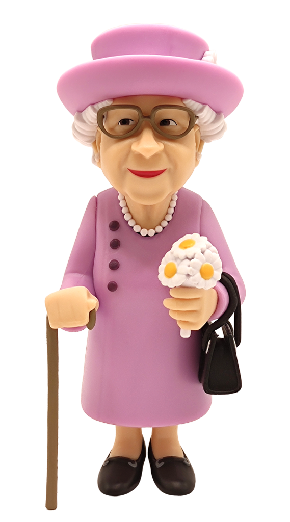 Minix Queen Elizabeth II vinyl figure in a pink coat and hat with white daisy details holding a black handbag and flowers with a walking stick