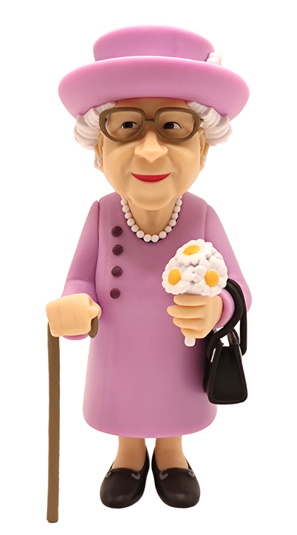 Minix Queen Elizabeth II vinyl figure in a pink coat and hat with white daisy details holding a black handbag and flowers with a walking stick