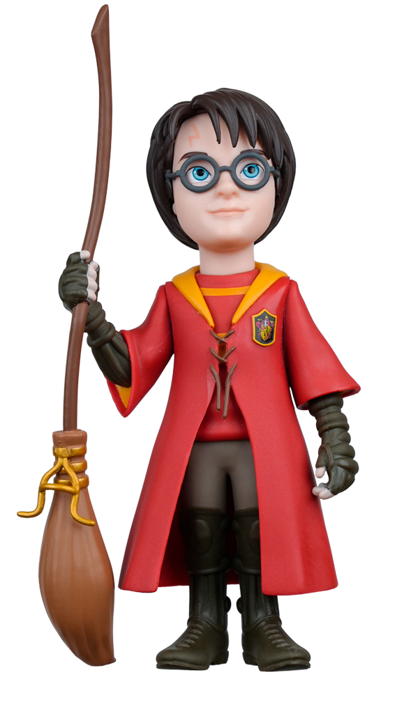 MINIX Harry Potter Quidditch Figure showing Harry in his red and yellow robe, holding a broomstick, with glasses and a lightning scar