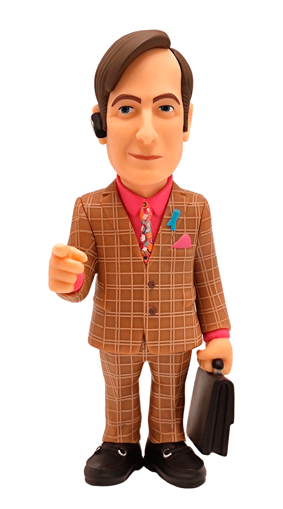 Minix Better Call Saul Saul Goodman vinyl figure in a brown plaid suit pink shirt colorful tie and blue ribbon holding a briefcase