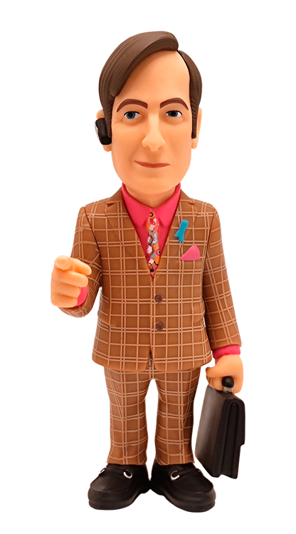Minix Better Call Saul Saul Goodman vinyl figure in a brown plaid suit pink shirt colorful tie and blue ribbon holding a briefcase