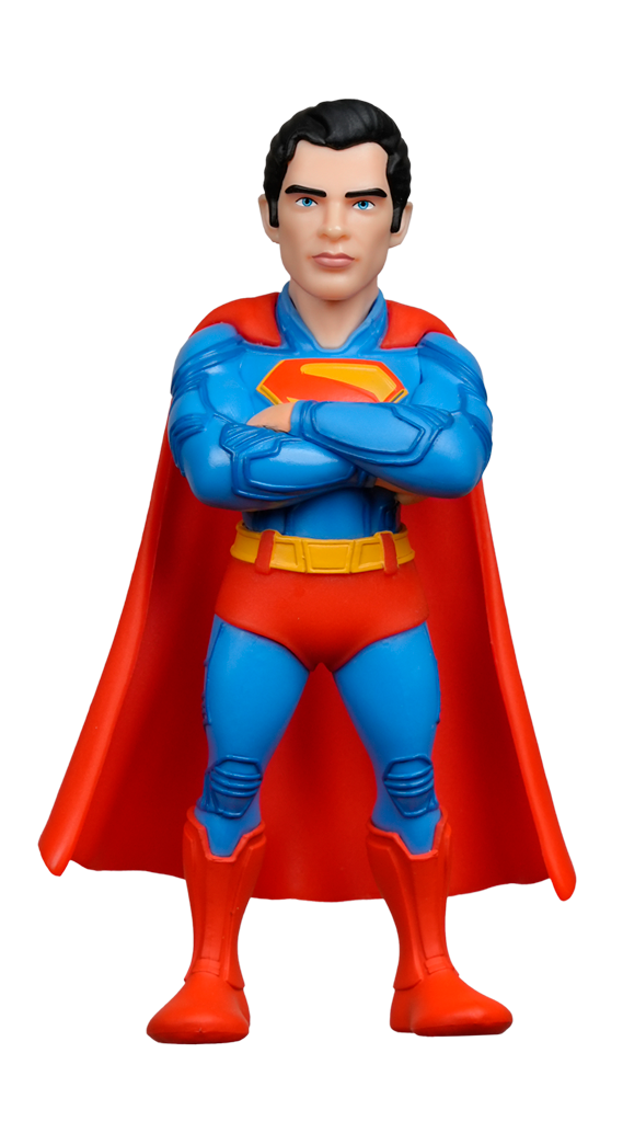 A MINIX DC Comics Superman 2025 Figure stands with crossed arms, wearing his blue suit, red cape, and iconic S shield