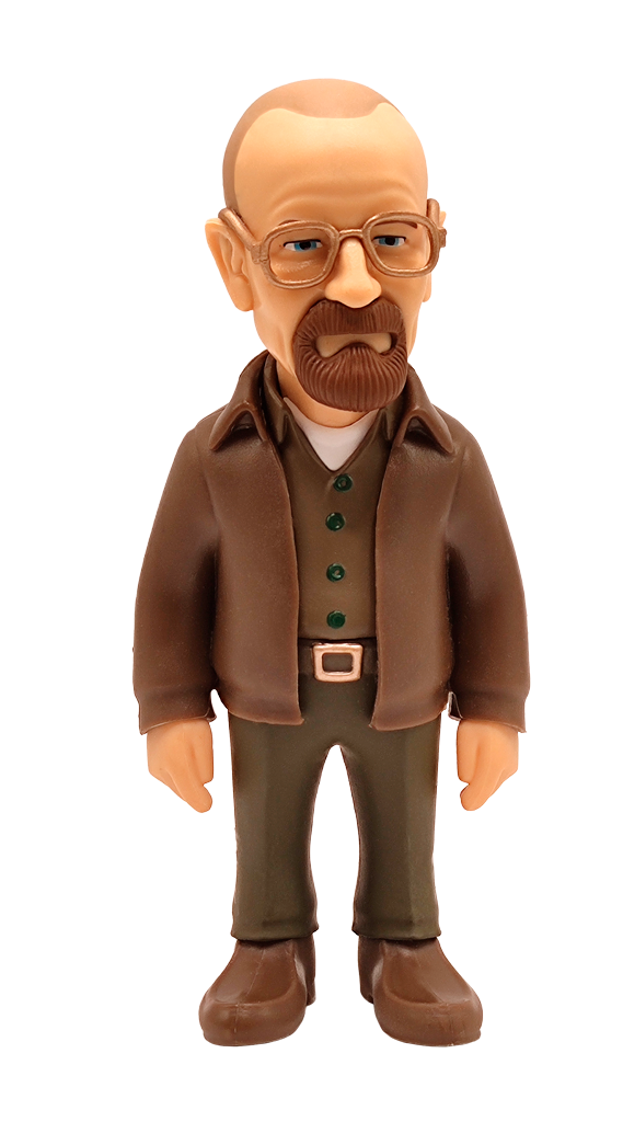 Minix Breaking Bad Walter White vinyl figure in brown jacket dark green shirt and pants with a brown goatee and glasses