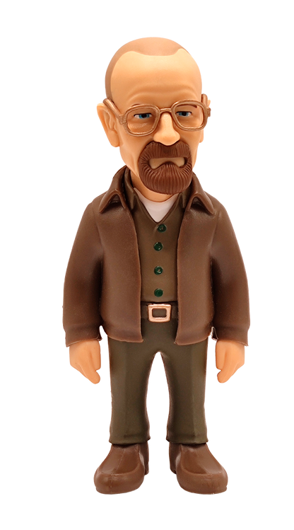 Minix Breaking Bad Walter White vinyl figure in brown jacket dark green shirt and pants with a brown goatee and glasses