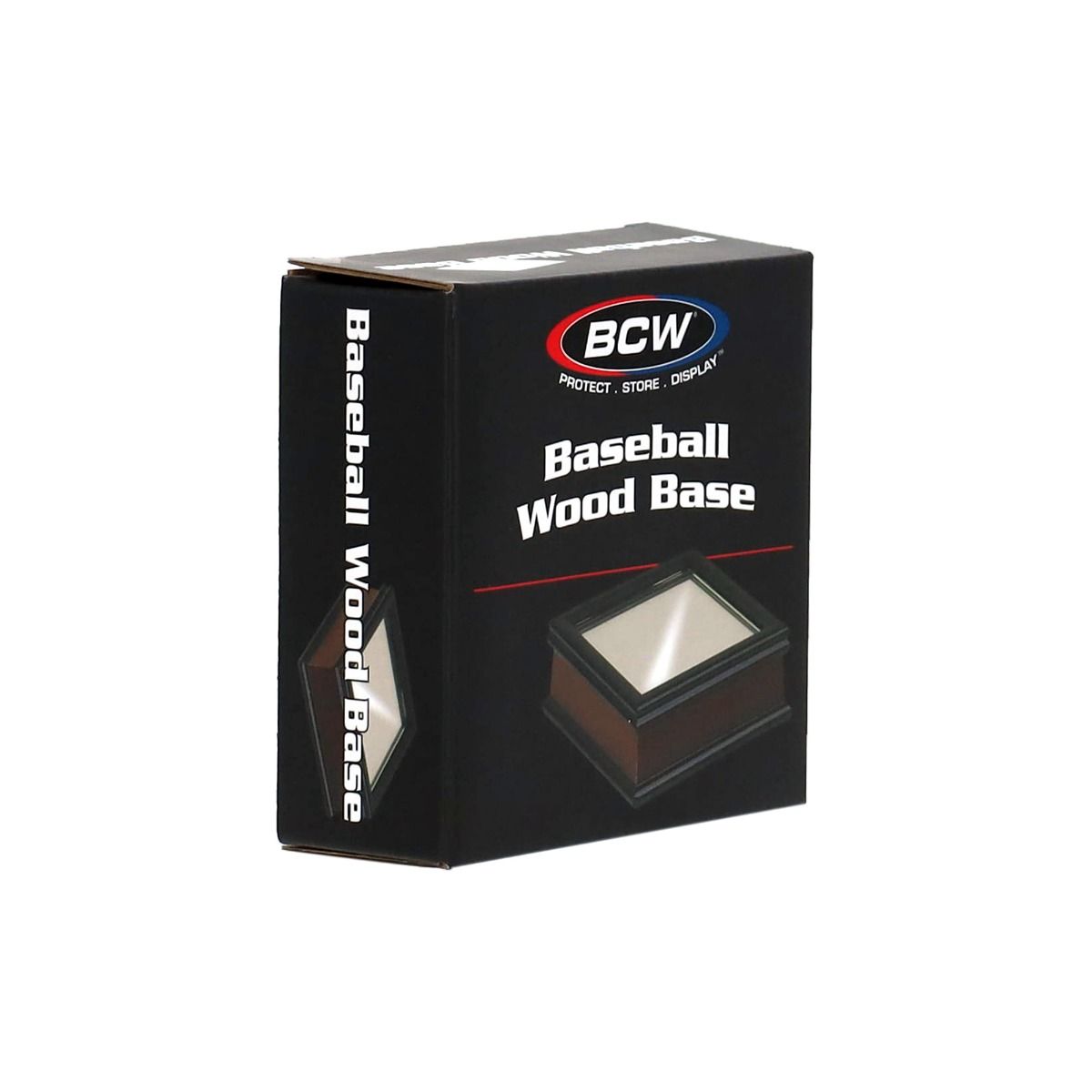 Angled view of packaged BCW Wood Base for Baseball Holder