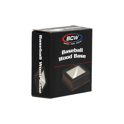 Angled view of packaged BCW Wood Base for Baseball Holder