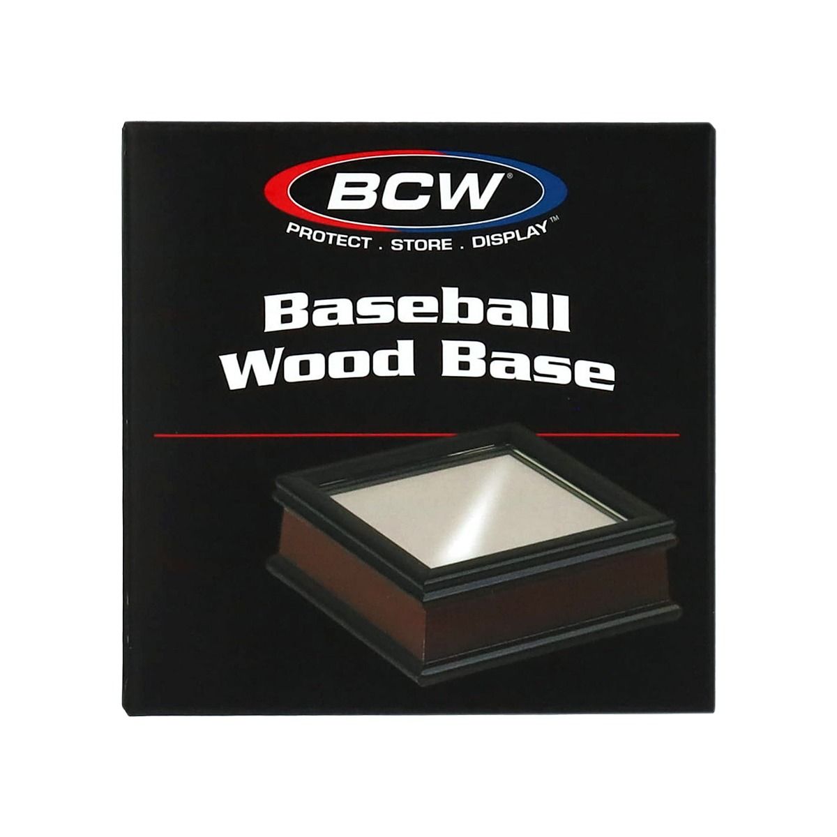 Front view of BCW Wood Base for Baseball Holder in retail packaging
