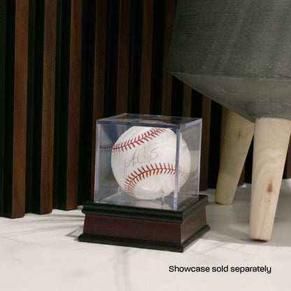 BCW - Wood Base holding a baseball showcase on a table
