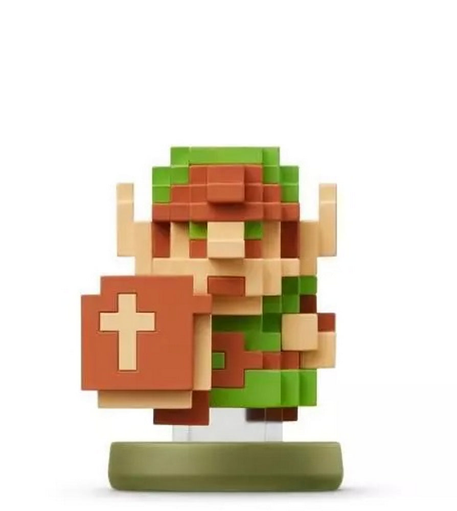 Pixelated figurine of Link, wearing green and brown, holding a shield with a cross, on a green base