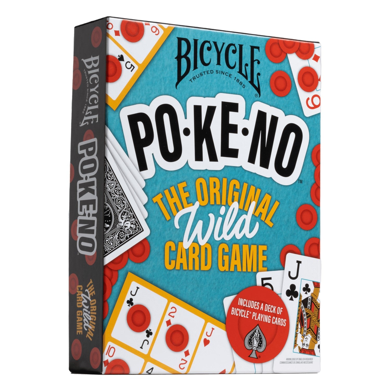Bicycle Po-Ke-No game box, blue with cards and red chips. Reads "The Original Wild Card Game."