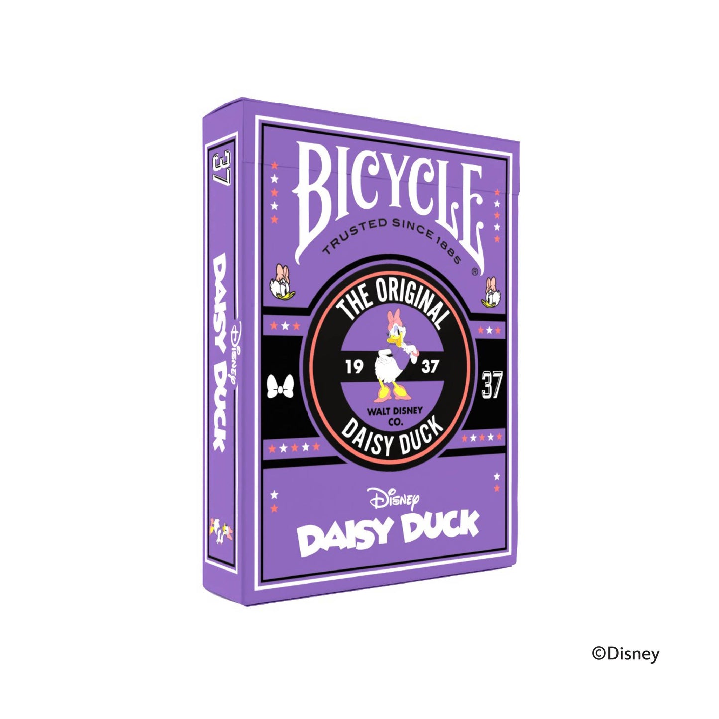 Purple Bicycle playing card deck box featuring Daisy Duck and "The Original 1937" design elements on a lavender and black background