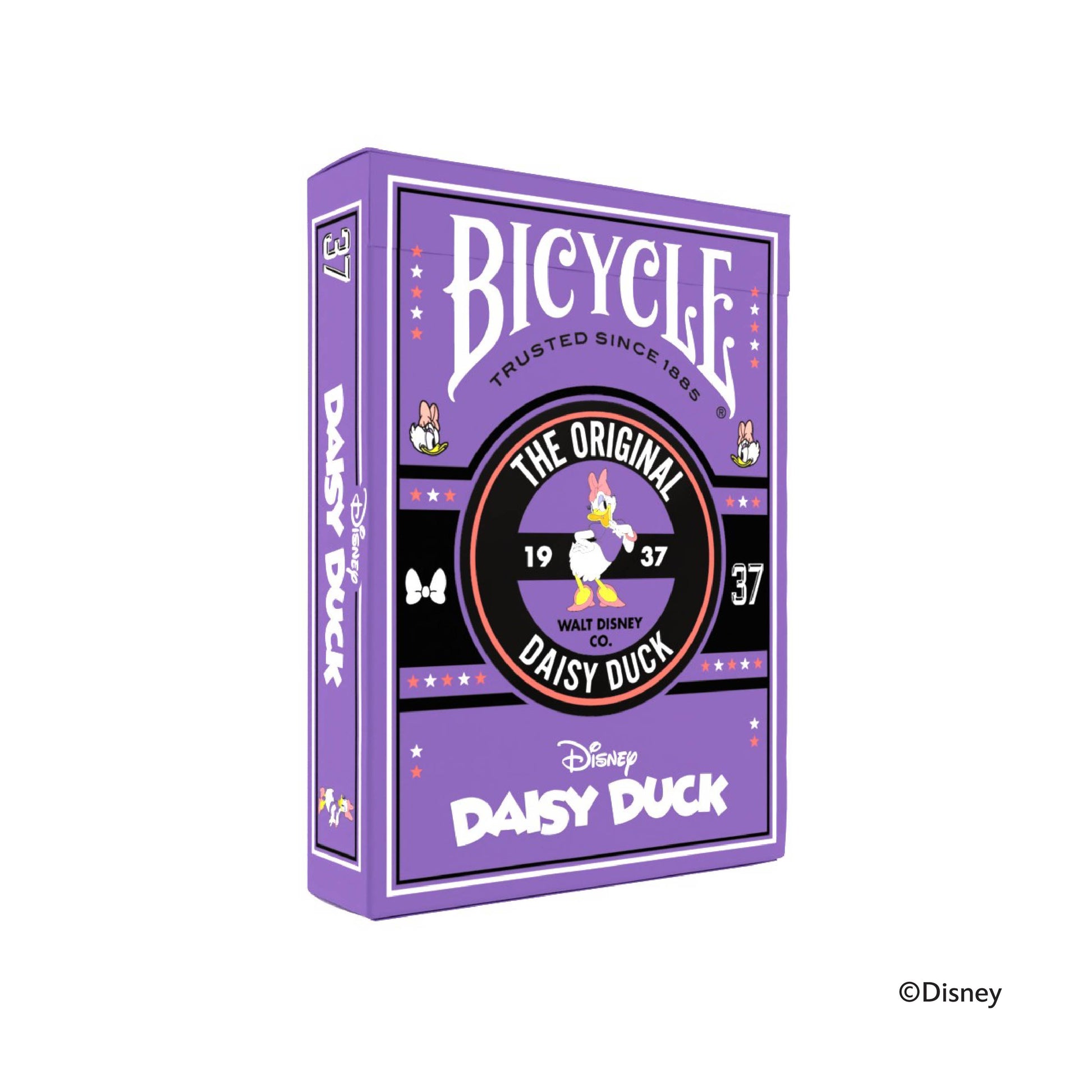 Purple Bicycle playing card deck box featuring Daisy Duck and "The Original 1937" design elements on a lavender and black background