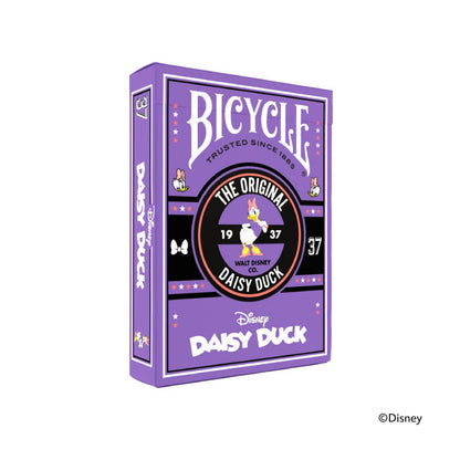 Purple Bicycle playing card deck box featuring Daisy Duck and "The Original 1937" design elements on a lavender and black background