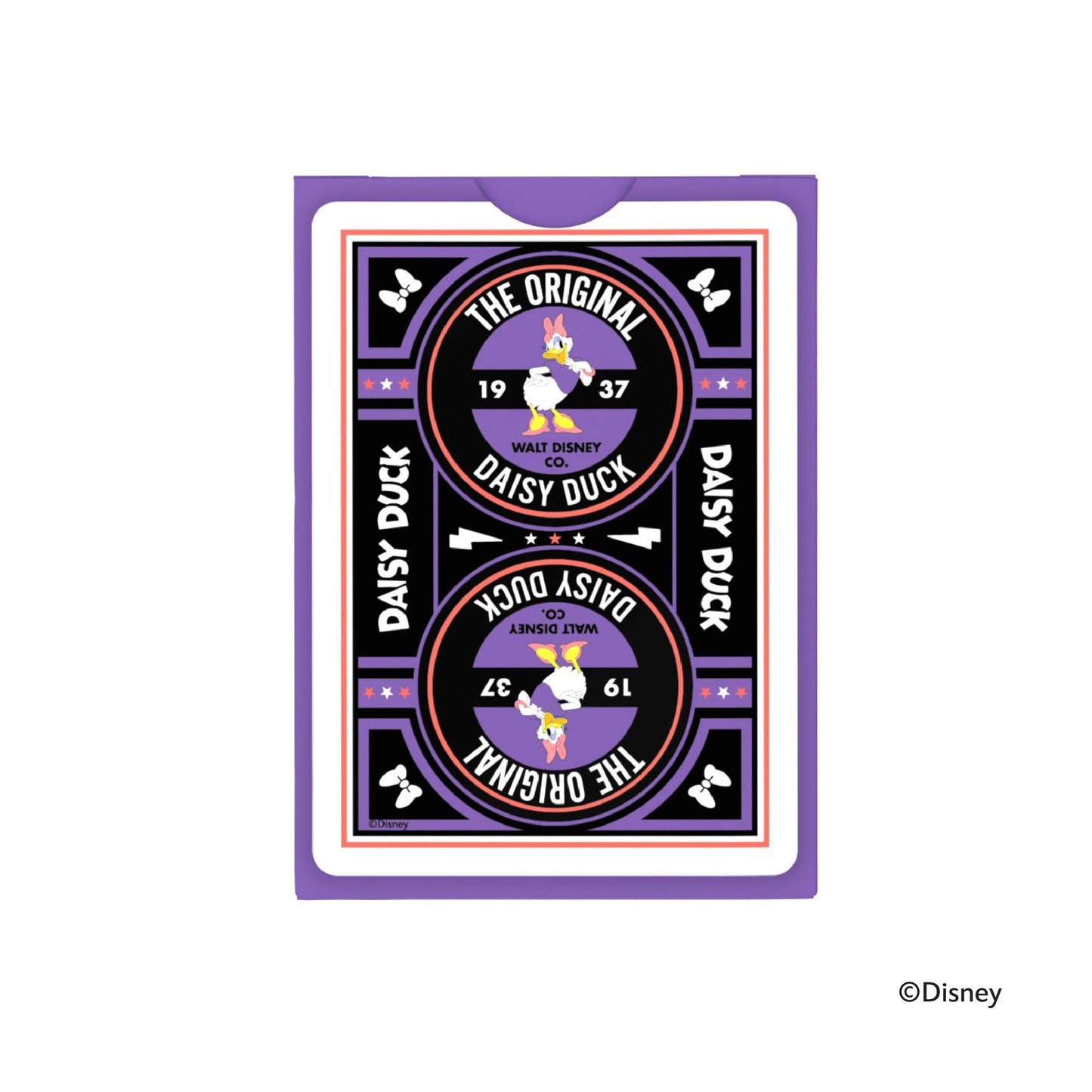Purple and black Daisy Duck playing card design; mirrored image with "THE ORIGINAL 1937" and "DAISY DUCK" text