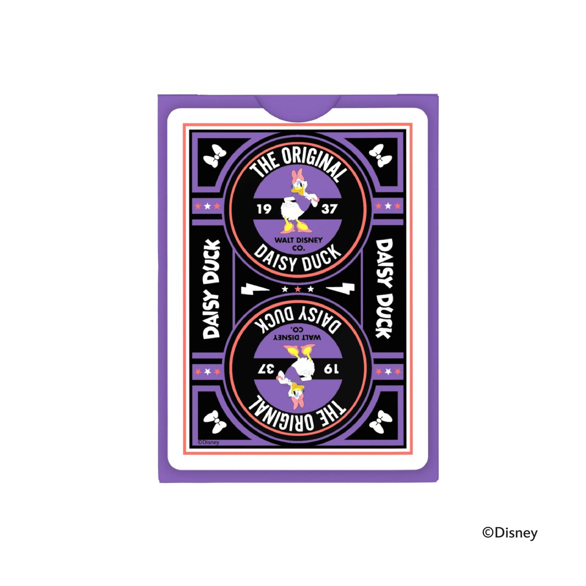 Purple and black Daisy Duck playing card design; mirrored image with "THE ORIGINAL 1937" and "DAISY DUCK" text
