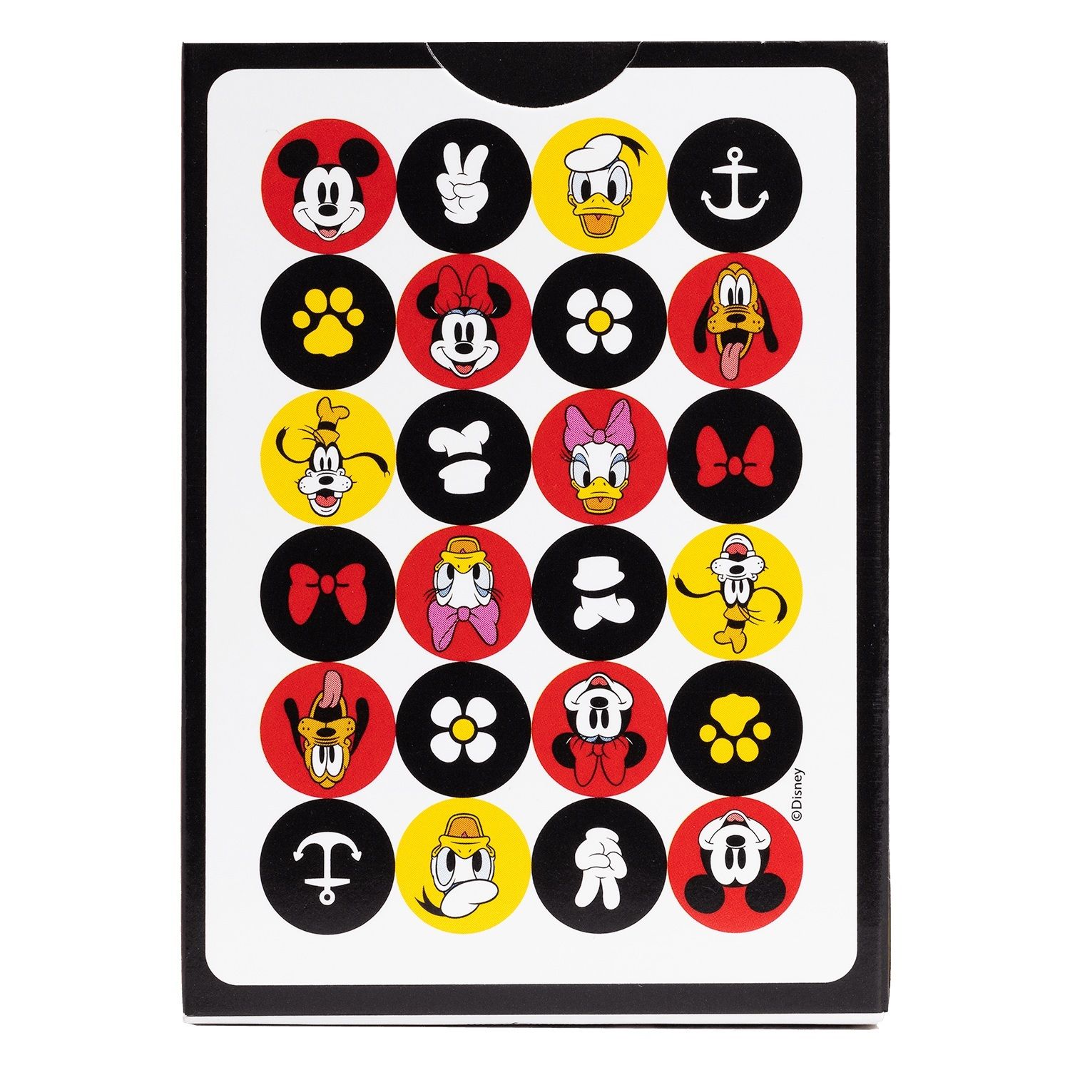 Grid of 25 colorful circles featuring classic Disney character heads (Mickey, Donald) and related icons