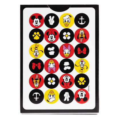 Grid of 25 colorful circles featuring classic Disney character heads (Mickey, Donald) and related icons