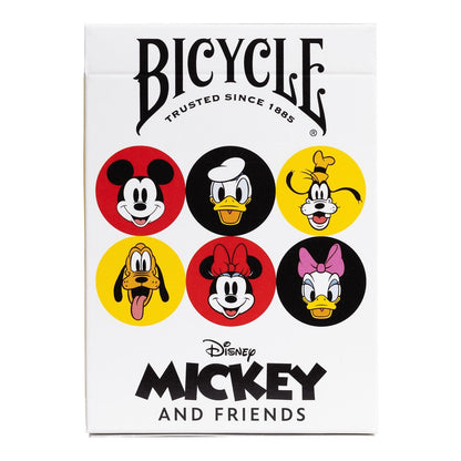 White Bicycle playing card box with six circular portraits of Disney characters: Mickey, Donald, Goofy, Pluto, Minnie and Daisy