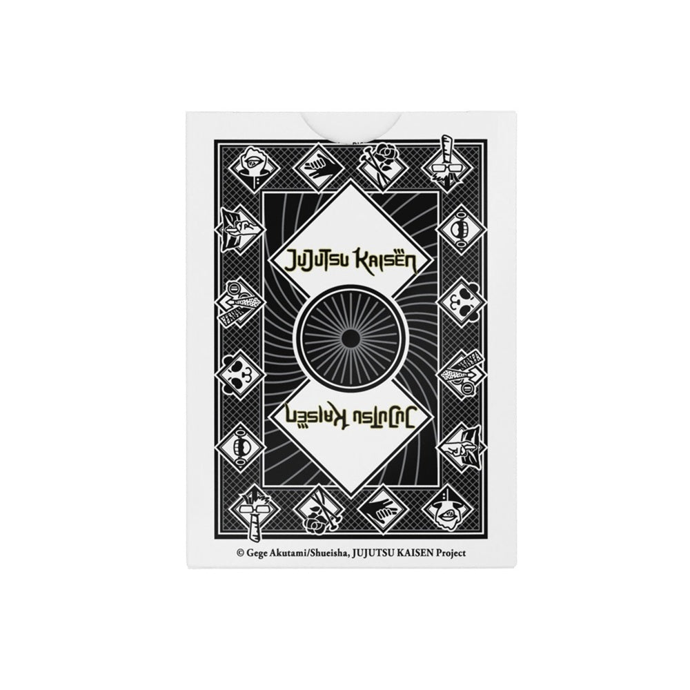 Black and white Jujutsu Kaisen playing card deck box featuring the logo and series symbols