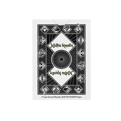 Black and white Jujutsu Kaisen playing card deck box featuring the logo and series symbols