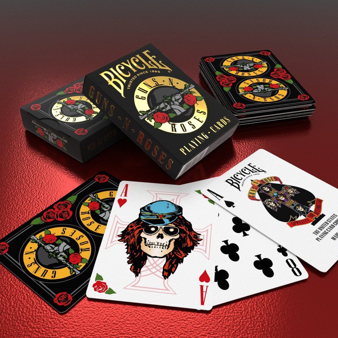 Black Bicycle Guns N' Roses playing card deck and custom face cards on a red background