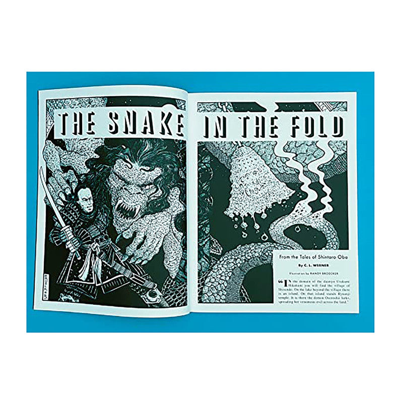 Black and white comic book open to "The Snake in the Fold" title pages
