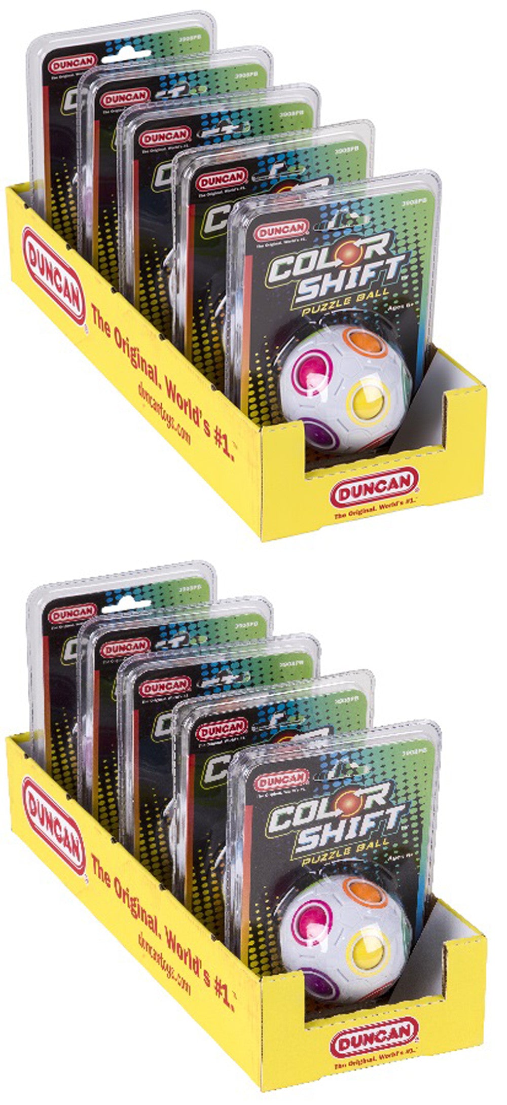 Two yellow Duncan Color Shift puzzle balls displays stacked vertically Each display holds multiple carded puzzle balls