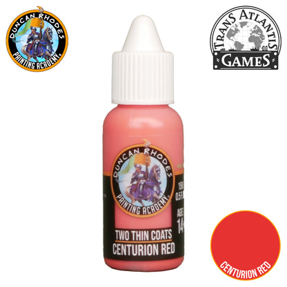 A bottle of Duncan Rhodes Two Thin Coats Centurion Red miniature paint, with a red color swatch
