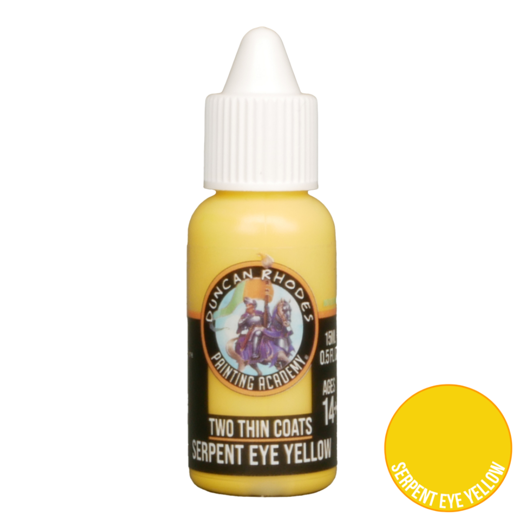 A yellow Duncan Rhodes "Serpent Eye Yellow" miniature paint dropper bottle with a matching colour swatch