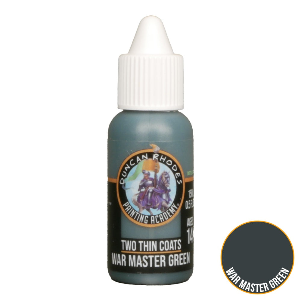A bottle of Duncan Rhodes 'War Master Green' model paint with a dark green colour swatch