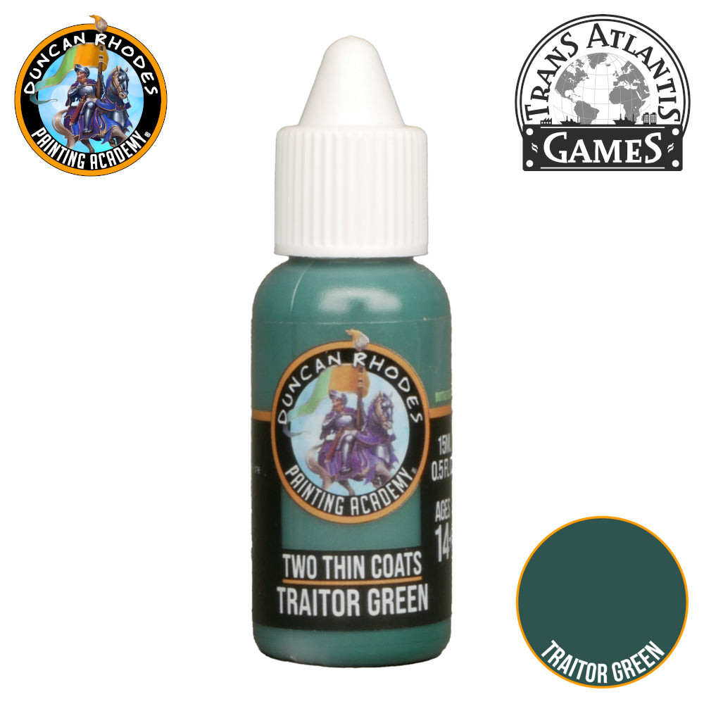 Dark green 'Two Thin Coats Traitor Green' miniature paint dropper bottle with a white cap and color swatch