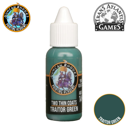 Dark green 'Two Thin Coats Traitor Green' miniature paint dropper bottle with a white cap and color swatch