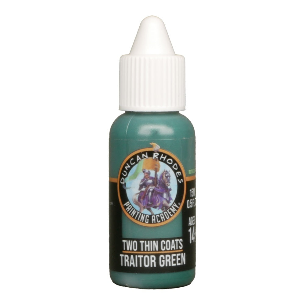 Duncan Rhodes "Traitor Green" teal miniature paint in a dropper bottle with a white cap
