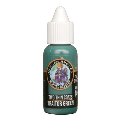 Duncan Rhodes "Traitor Green" teal miniature paint in a dropper bottle with a white cap